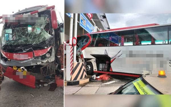 Keadaan bas remuk selepas merempuh penghadang Plaza Tol Ipoh Utara dekat Jelapang pada Isnin.