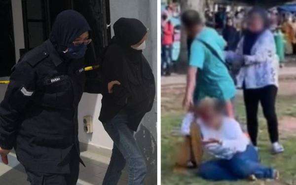 Tertuduh dibawa keluar dari Mahkamah Majistret Sungai Petani selepas selesai pendakwaan. Gambar kanan: Tular kejadian pergaduhan tersebut di laman sosial.