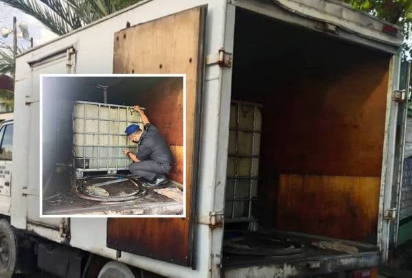 Lori yang dipandu seorang lelaki warga tempatan disita untuk tindakan lanjut. (Gambar kecil) Penguatkuasa KPDNHEP Pulau Pinang sedang memeriksa lori dan barang rampasan.