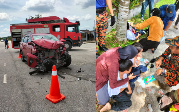 Seorang lelaki maut manakala enam murid sekolah mengalami cedera ringan selepas kenderaan dinaikinya terbalik akibat dilanggar sebuah kereta yang keluar dari simpang di Jalan Saujana Putra. - Foto Bomba