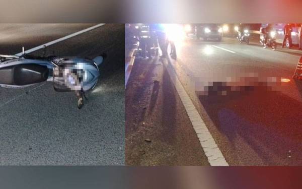 Kedua-dua mangsa disahkan meninggal dunia di tempat kejadian selepas motosikal ditunggang terbabit nahas di Kilometer 206.6 Lebuhraya Utara Selatan arah utara pada Khamis. - Foto Bomba Perak