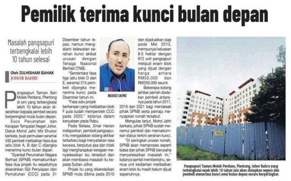 Laporan Sinar Harian pada 14 Julai lalu berhubung masalah kelewatan serah kunci pangsapuri berkenaan.