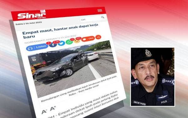 Empat beranak maut selepas kereta dinaiki terbabit dalam nahas tujuh kenderaan di Kilometer 277.1 Lebuhraya Utara Selatan arah selatan pada Rabu. Gambar kecil: Mior Faridalathrash