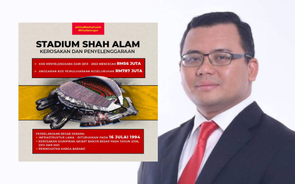 Infografik berkenaan kos pembaikan Stadium Shah Alam dimuatnaik di Facebook Amirudin.