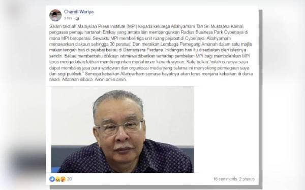 Tangkap layar catatan Chamil di laman Facebook.