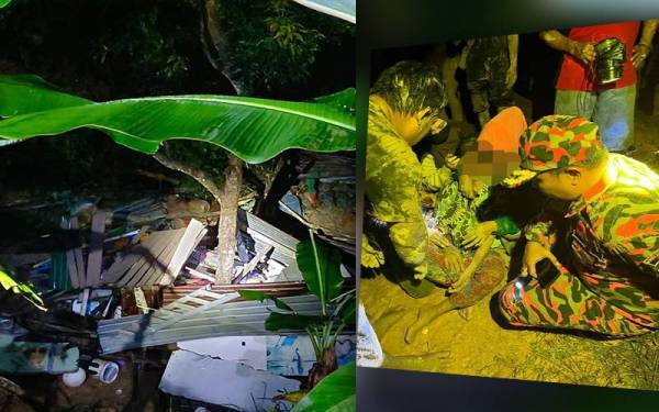 Rumah yang didiami sembilan penghuni runtuh selepas dihempap tanah runtuh dalam kejadian berhampiran kawasan rumah pangsa Taman Elok Bukit Nenas, Kota Kinabalu.