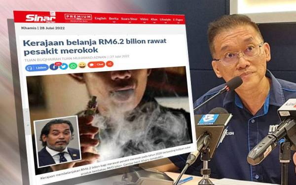 Sinar Harian pada Rabu melaporkan kerajaan membelanjakan RM6.2 bilion bagi merawat pesakit merokok pada tahun 2020 berbanding kutipan cukai produk tembakau RM3 bilion. Gambar kanan: Dr Koh Kar Chai