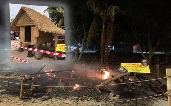 Arca jerami berbentuk pondok tradisional ditemui hangus terbakar pada Jumaat. (Gambar dalam) Bentuk asal arca jerami yang dihasilkan penduduk Kampung Terus sebelum ditemui terbakar.