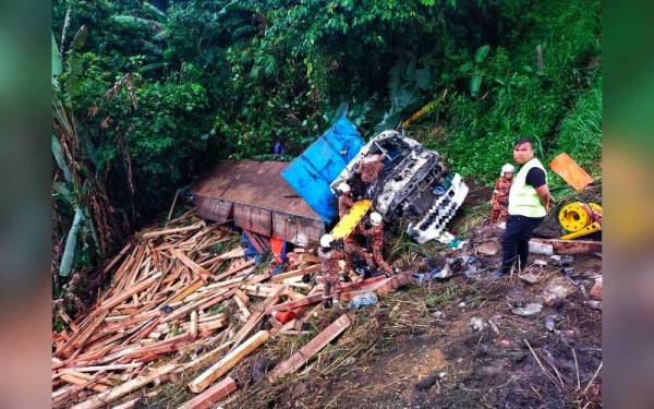 Keadaan treler yang membawa muatan kayu bergergaji terjatuh ke dalam gaung akibat kemalangan tersebut. - Foto Ihsan PDRM