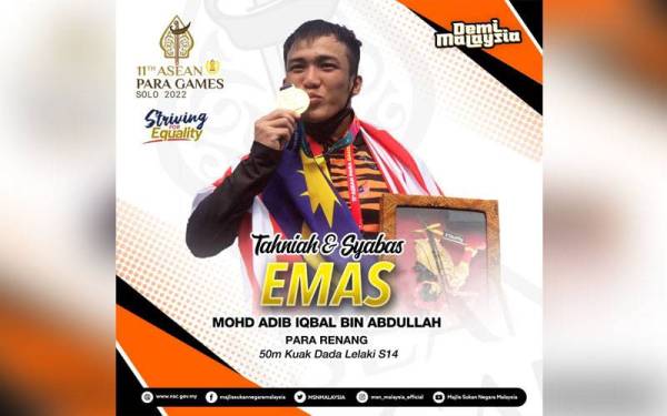 Mohd Adib Iqbal meraih emas acara 50m kuak dada lelaki SB14 pada Sukan Para ASEAN (APG) di Pusat Renang Jatidiri, Semarang pada Selasa. - Foto FB MSN