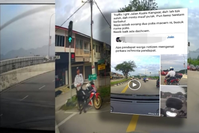 Tangkap layar rakaman yang memaparkan lampu isyarat ketika itu menunjukkan warna hijau yang dikongsi pemandu berkenaan. (Gambar dalam : Perkongsian di media sosial berhubung kejadian seorang pemandu tidak berpuas hati ditahan anggota trafik.)
