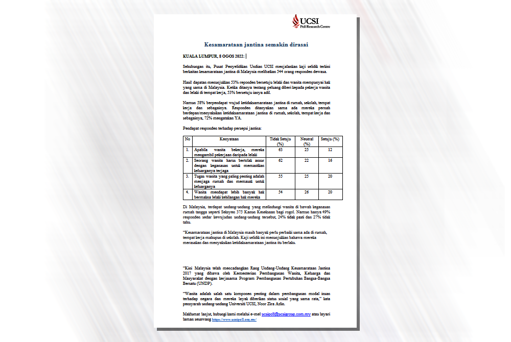 Kenyataan akhbar mengenai laporan Pusat Penyelidikan Undian UCSI pada Isnin.