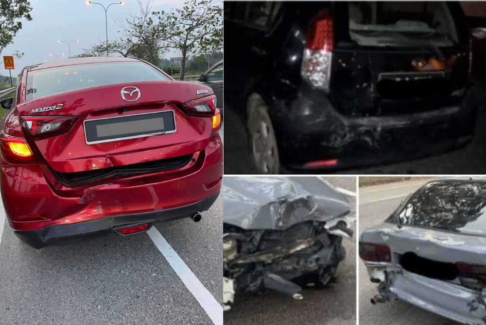 Antara kereta yang dilanggar seorang lelaki yang memandu dalam keadaan mabuk semasa melalui Jalan Persiaran Indapura, Lebuhraya Link Kedua dan Lebuhraya Johor Bahru-Ayer Hitam, Kulai pada Isnin.