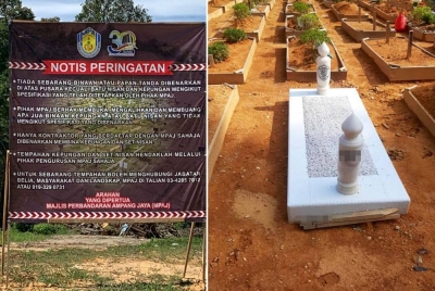 Notis peringatan larangan sebarang binaan tidak mengikut spesifikasi atas pusara di Tanah Perkuburan MPAJ. Foto: Twitter