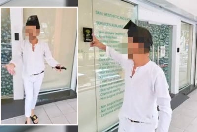 Seorang lelaki menimbulkan kekecohan di sebuah klinik kecantikan di Kepong pada Jumaat. Gambar kanan : Lelaki berkenaan turut membuat siaran langsung di Facebook.