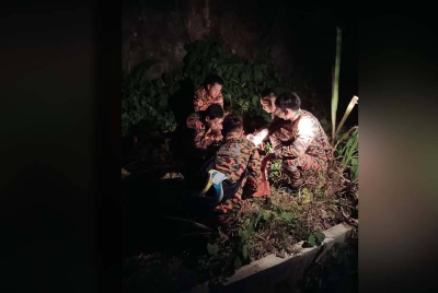 Pasukan bomba bertindak membawa turun mangsa yang maut ketika melakukan aktiviti mendaki di Bukit Taman Mawar, Sandakan pada Ahad.