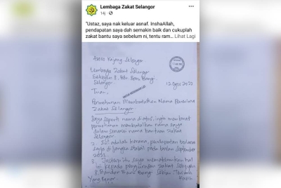 Surat yang dihantar Nik Muhammad kepada LZS yang turut dikongsi di laman Facebook agensi itu pada Selasa.