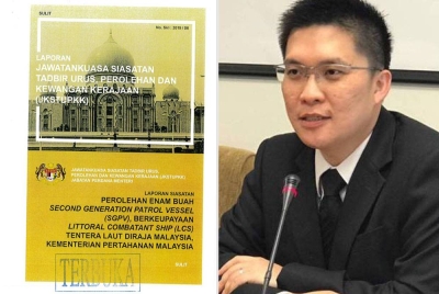 Laporan Jawatankuasa Siasatan Tadbir Urus, Perolehan dan Kewangan Kerajaan (JKSTUPKK) berhubung projek pembinaan kapal tempur pesisir (LCS). Gambar kanan: Wong Kah Woh