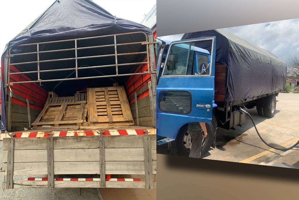 Lori terbabit sedang mengisi minyak diesel ke dalam tangki, namun pemeriksaan lanjut menunjukkan terdapat tangki tambahan yang disembunyikan di sebalik kayu palet.