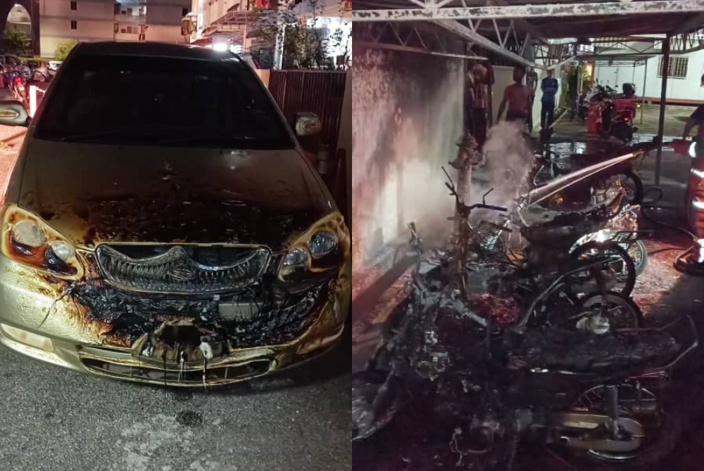 Keadaan kereta Toyota Vios yang turut terbakar & sembilan motosikal musnah dan sebuah kereta musnah dalam kebakaran di sebuah flat di Jalan Kurau, Jelutong pada awal pagi Khamis.
