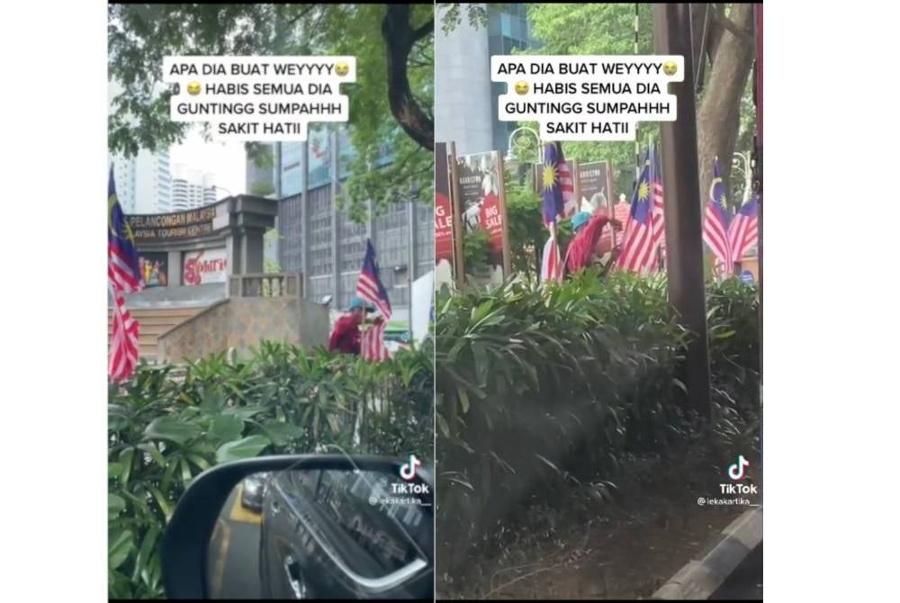 Tindakan seorang lelaki merosakkan jalur gemilang membawa padah apabila dia ditahan polis pada Khamis. - Foto TikTok