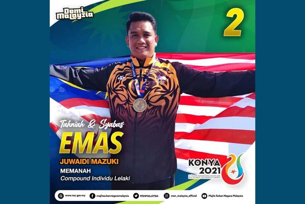 Juwaidi meraih pingat emas setelah mengungguli acara individu compound di hari terakhir Sukan Perpaduan Islam Konya, Turkiye pada Khamis. Foto FB Majlis Sukan Negara.