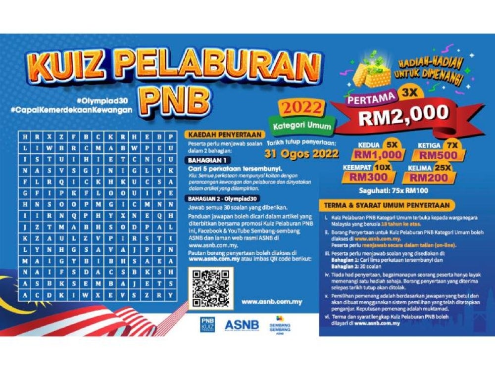Jom sertai Kuiz Pelaburan PNB yang menawarkan pelbagai hadiah menarik bermula 9 Ogos sehingga 22 Ogos depan.