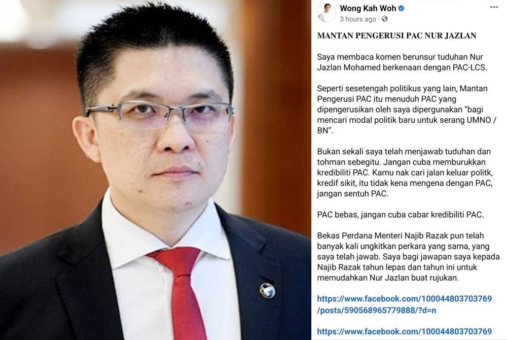 Tangkap layar kenyataan dimuat naik Wong Kah Woh di laman Facebooknya.