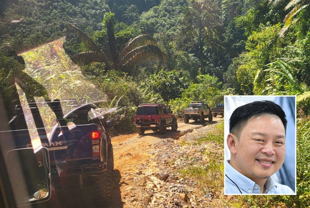 Jalan tanah merah menuju ke Kampung Terian hanya boleh dilalui oleh kenderaan pacuan empat roda berikutan keadaan jalan yang mencabar iaitu berlumpur dan berbatu besar perlu dilalui. Gambar kecil: Darell