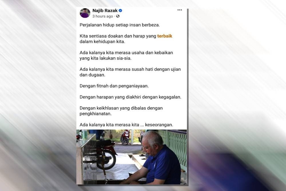Tangkap layar kenyataan dimuat naik Bekas Perdana Menteri, Datuk Seri Najib Tun Razak di laman Facebooknya.