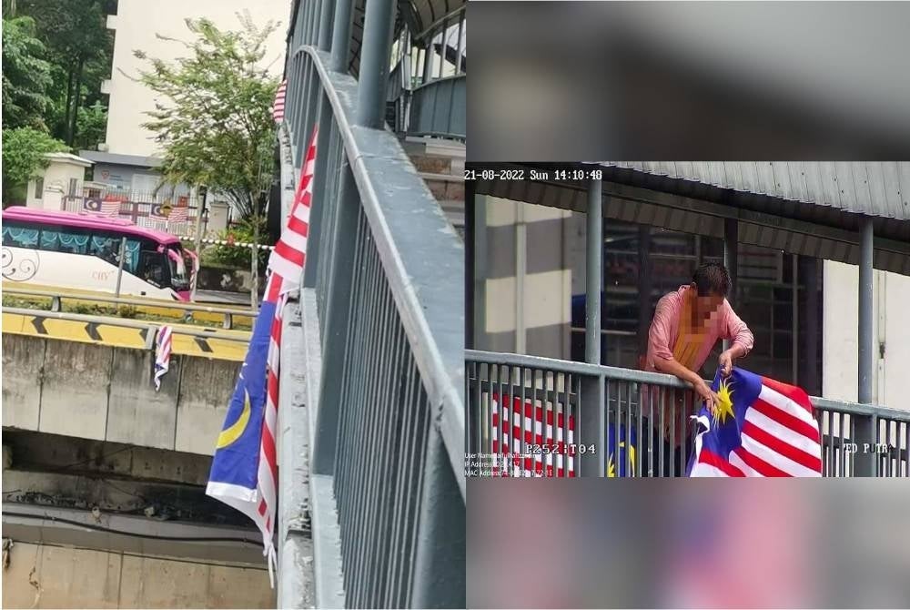 Bendera di jejambat Jalan Syed Putra yang dicabut pelaku.