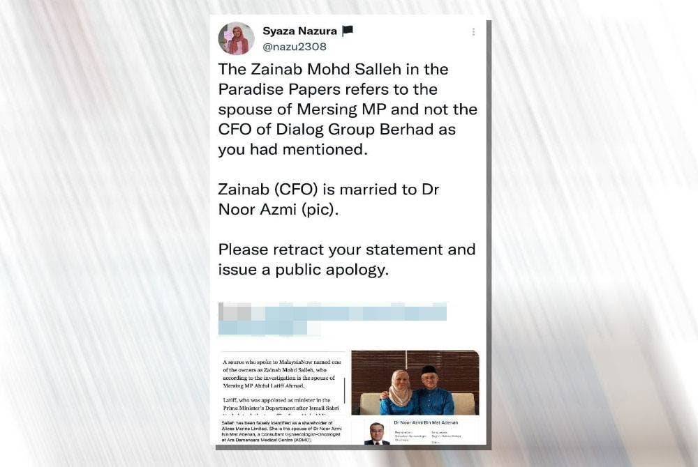 Tangkap layar ciapan Syaza Nazura di Twitter pada Isnin.