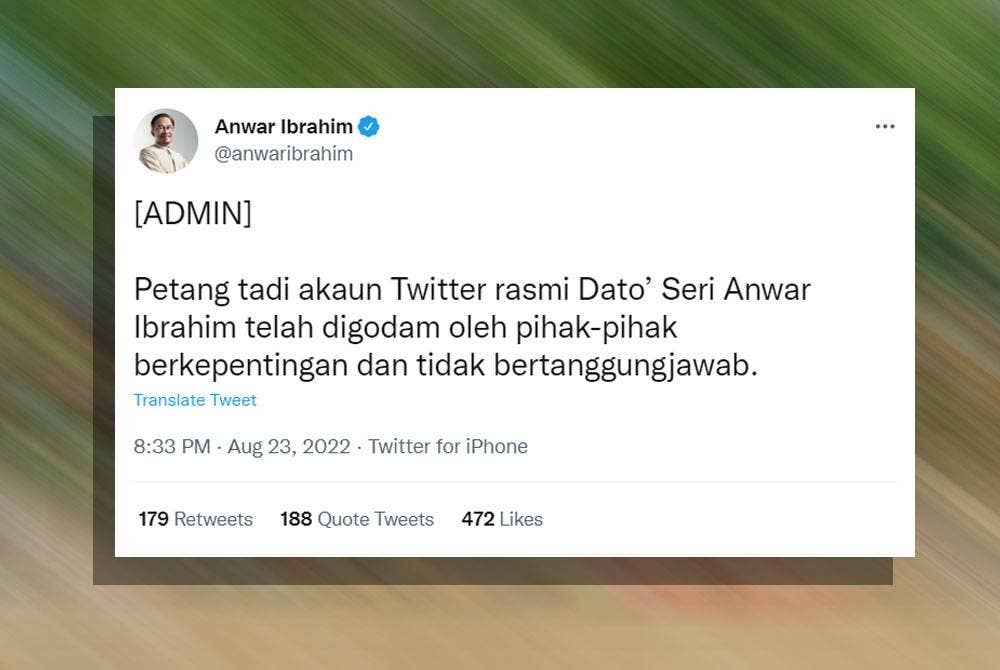 Tangkap layar ciapan di Twitter Anwar pada Selasa.