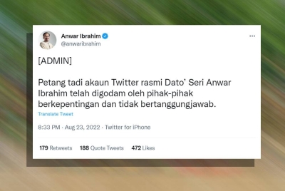 Tangkap layar ciapan di Twitter Anwar pada Selasa.