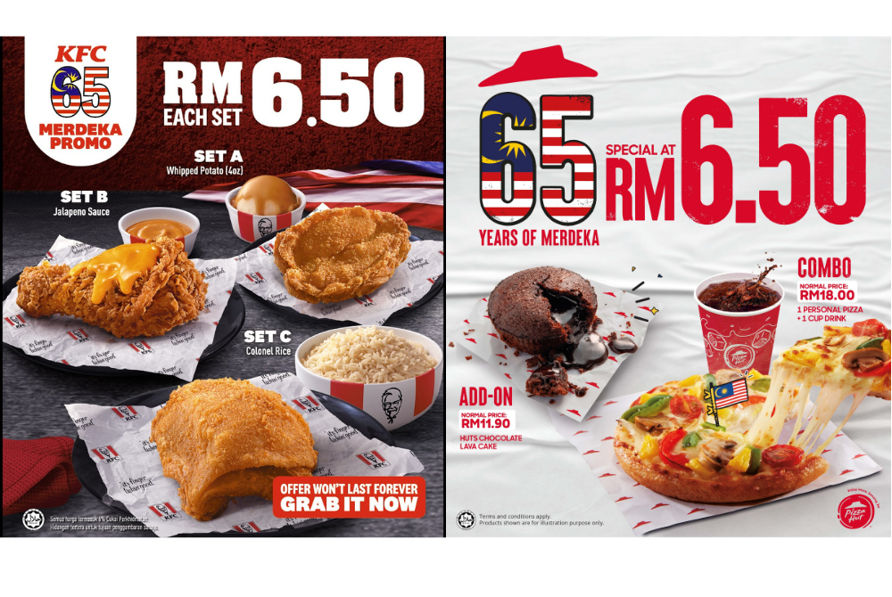 KFC dan Pizza Hut menawarkan menu istimewa pada harga RM6.50 sempena Hari Kemerdekaan yang ke-65.