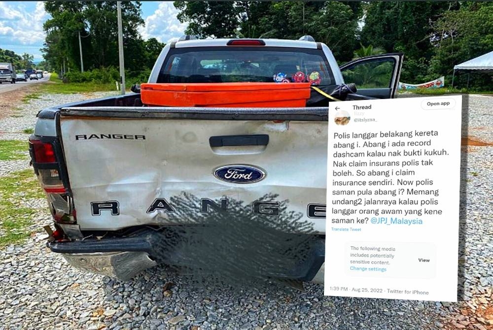 Keadaan pacuan empat roda yang terlibat dalam kemalangan membabitkan van polis tular di Twitter sejak Khamis lalu. (Gambar kecil: Ciapan wanita mengenai situasi yang menimpa abangnya dalam Twitter pada Khamis)