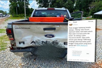 Keadaan pacuan empat roda yang terlibat dalam kemalangan membabitkan van polis tular di Twitter sejak Khamis lalu. (Gambar kecil: Ciapan wanita mengenai situasi yang menimpa abangnya dalam Twitter pada Khamis)