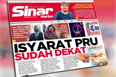 Laporan muka depan akhbar Sinar Harian pada Sabtu.