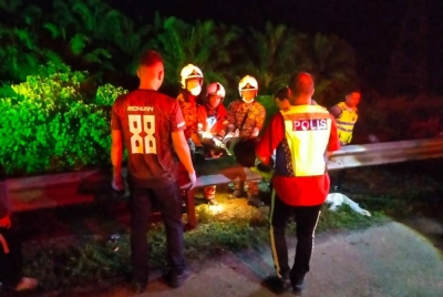 Anggota bomba dari BBP Temerloh membawa naik mangsa yang terjatuh ke dalam gaung dalam kemalangan di KM135.7 LPT1 di Temerloh pada awal pagi Sabtu. - Foto JBPM PAHANG