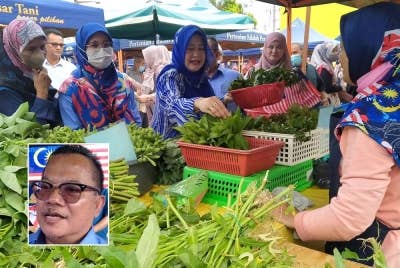 Shahanim (tengah) meninjau jualan peserta Pasar Tani Sungai Petani sempena Program Jualan Merdeka pada Ahad. Gambar kecil: Isa Hamzah