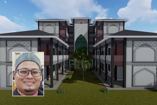 Pelan pembinaan bangunan empat tingkat Sekolah Menengah Agama Makarimul Akhlak, Alor Setar. Gambar kecil: Mumtaz Juhdi