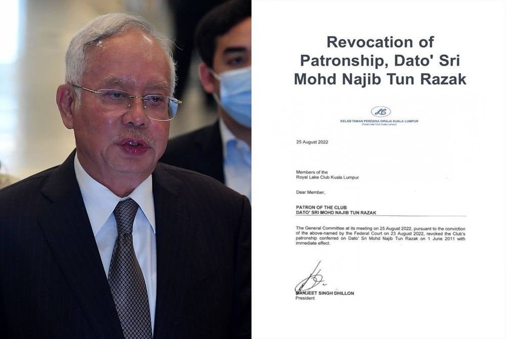 Surat pembatalan status Najib sebagai penaung Kelab Taman Perdana Diraja Kuala Lumpur yang tular di media sosial.