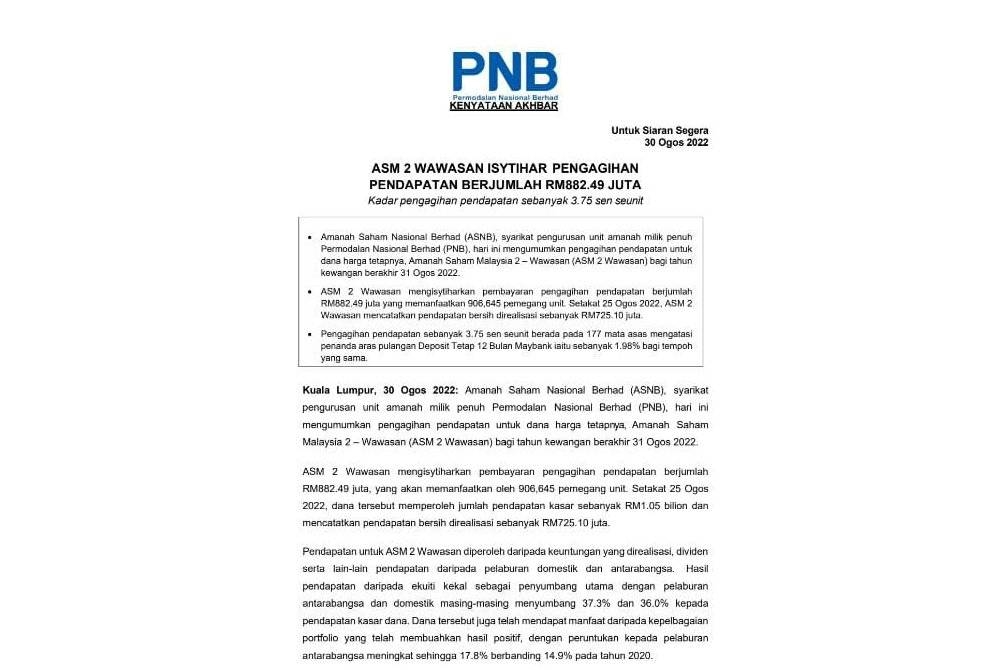 Kenyataan akhbar PNB pada Selasa mengenai agihan pendapatan ASM 2 Wawasan untuk tahun kewangan berakhir 31 Ogos 2022.
