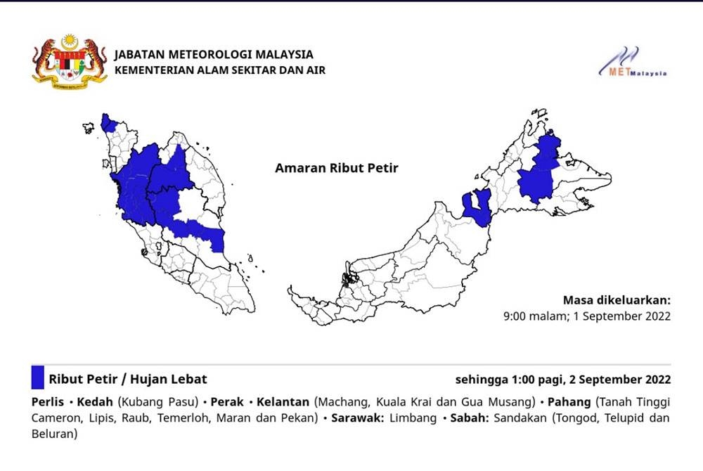MetMalaysia mengeluarkan amaran ribut petir melibatkan tujuh buah negeri sehingga jam 1 pagi, pada Jumaat.
