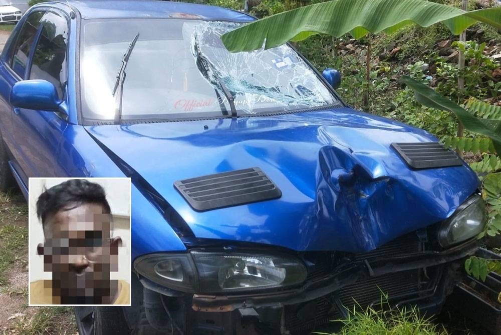 Keadaan kereta dipandu suspek selepas terlibat dalam kemalangan. Gambar kecil: Suspek