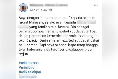 Tangkap layar Facebook mengenai permohonan maaf seorang bapa selepas anaknya tersilap menunjukkan isyarat 'mini love'.