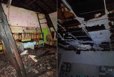 Antara tiga buah bilik darjah yang musnah terbakar dalam kejadian di SMK Seri Ampang, Kampung Datok Keramat di sini pada Ahad. - Foto Bomba KL