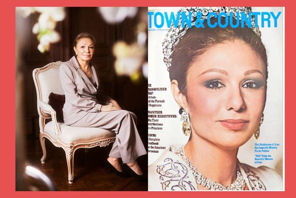 Farah Diba Pahlavi. Gambar kanan: Wajah cantik beliau ketika menjadi penghias muka depan majalah Town & Country pada 1975.