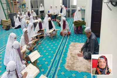 Penghuni di Pondok Ar-Raudhah belajar al-Quran. Gambar kecil: Robiah