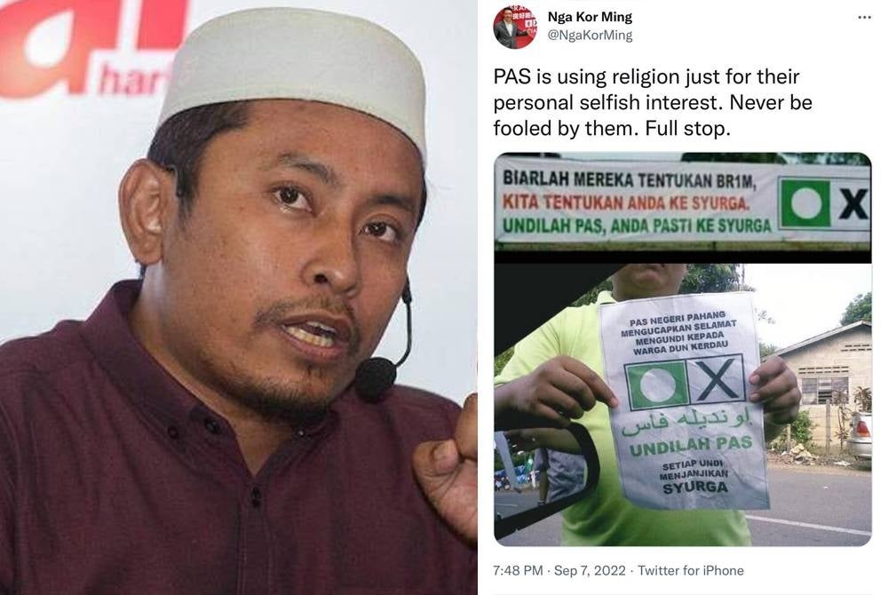 Kor Ming turut mengepilkan gambar seorang lelaki yang memegang risalah ‘Undilah Pas’. ‘Setiap undi menjanjikan syurga’ dalam ciapannya.